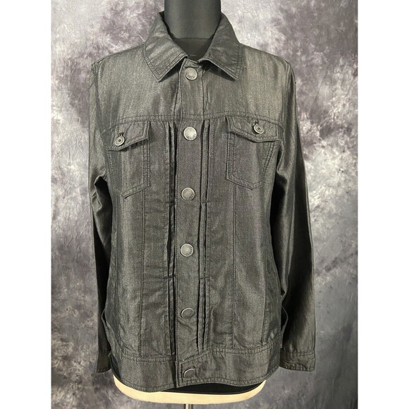 Tahari Black Snap Front Denim Style Trucker Jacket Large 12-14 EUC - Picture 2 of 7